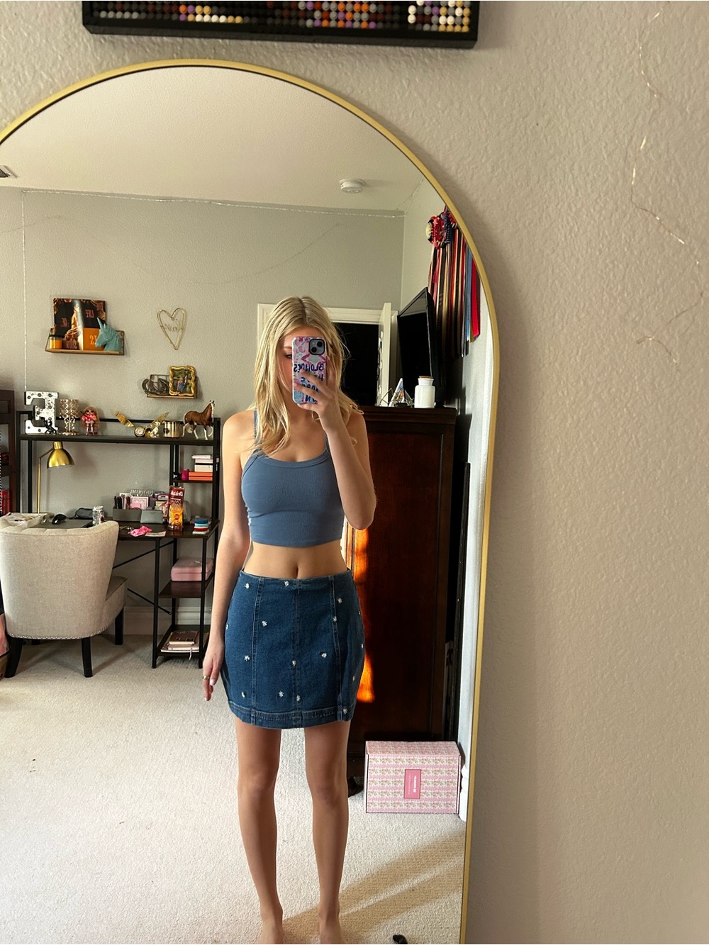 Nordstrom Blue Denim Mini Skirt with daisies